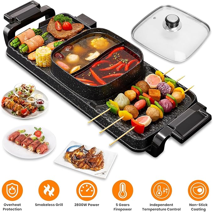 2 in 1 Hot Pot with Grill, Electric Hot Pot 2 in 1 Hot Pot BBQ Grill, Removable Hotpot Pot 2800W /Large Capacity Power Separate Temperature Control, Electric Grill for 2-10 People