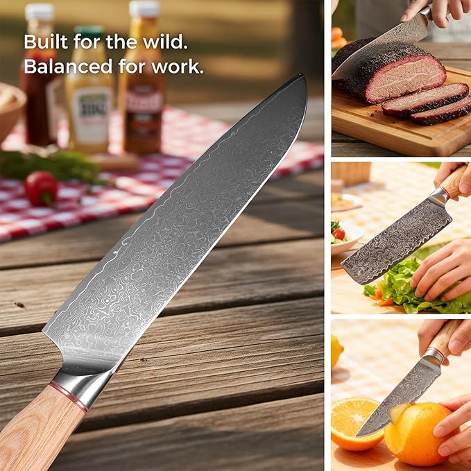 KOFERY Hand Forged Damascus Chef Knife Set with Roll Bag and Sharpener - Ideal for Culinary, Camping and BBQ(Natural-Wood Handle)