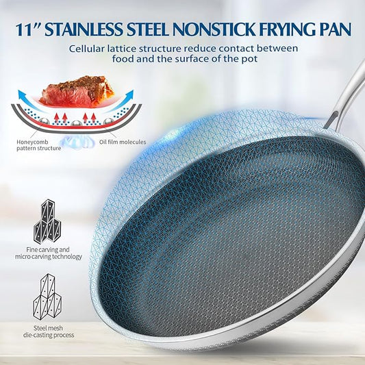 Dingerkit Non Stick Frying Pans, Stainless Steel Nonstick Fry pan with Honeycomb for Kitchen Cooking - 11” Skillet with Lid for Cookware - Works with Induction Cooktop Ceramic and Gas.