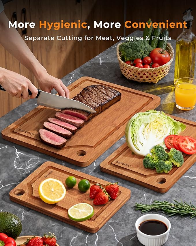 Bamboo Cutting Board for Kitchen, Knife-Friendly Wooden Cutting Boards Set 3-Piece with Juice Groove, Durable Chopping Boards for Meat, Vegetables, Fruits, Cheese – Multi-Purpose, Kitchen Gifts