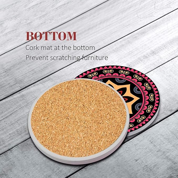 Coaster for Drinks Set of 6, Mandala Flower Floral Retro Absorbent Round Ceramic Stone Mat, with Cork Base and Metal Holder, Gift for Housewarming Room Bar Decor
