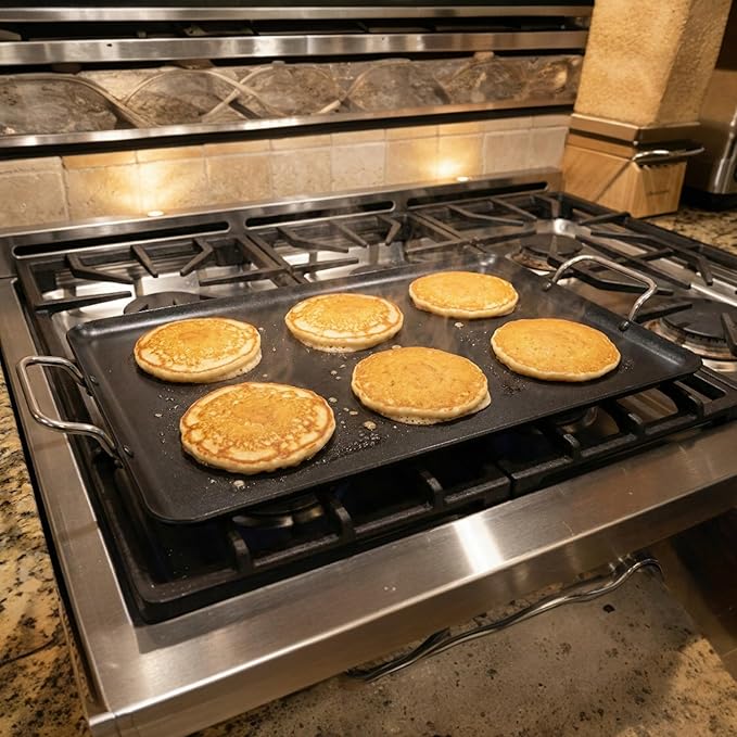 Nonstick Double Burner Griddle Pan for Stovetop - Heavy Gauge Aluminum Flat Grill for Even Heating, Extra Large 2-Burner Stovetop Griddle for Gas & Electric, Indoor/Outdoor Cookware