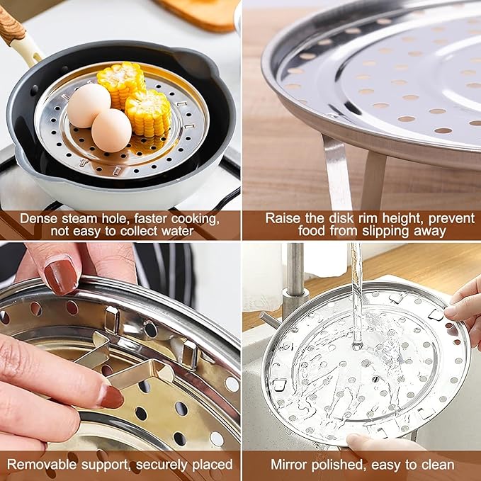 Round Steamer Rack 1pcs with Silicone Liners, Stainless Steel Food Steamer Basket with Removable Stand for Cooking, Instant Pot Steamer Basket for Vegetables Dumplings fish and Seafood(Round-8.7inch/22cm)