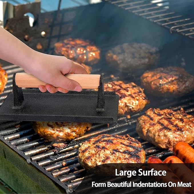 Smash Burger Press, Leonyo Cast Iron Burger Press, Heavy-Duty Hamburger Smasher Tool Griddle Accessories Kit for Cooking Bacon Steak Sandwich, Outdoor BBQ Grill - Rectangle (8.2"X4.3")