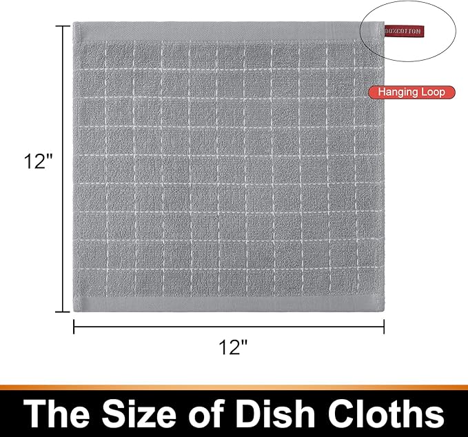 Mordimy 100% Cotton Terry Cloth Dish Cloths, Soft and Absorbent Checkered Dish Towels, Quick Drying Dish Rags for Washing Dishes, 6 Pack, 12 x 12 Inches, Light Grey