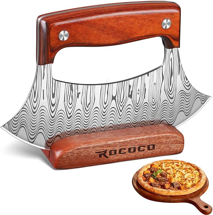 ROCOCO Pizza Cutter Ulu Knife – Full Tang Mezzaluna Rocker Knife with Wood Block for Kitchen Christmas Gifts for Men Women