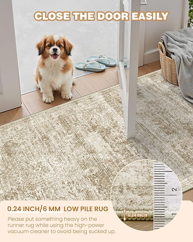 2x4 Washable Rug Runner for Bathroom, Soft Entryway Rug for Laundry Room, Kitchen, Vintage Abstract Hallway Runner for Bedroom, Anti-Slip Door Mat Indoor Entrance(2'x4', Brown/Ivory)
