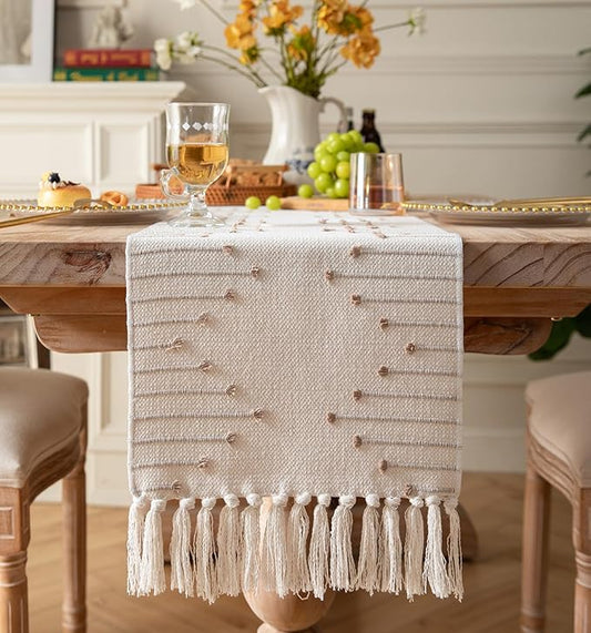 Boho Table Runner 13 x 48 Inch Long Natural Cotton Woven Runner with Tassels for Home Dining Table décor, for Modern Farmhouse Decor Coffee Table Runner, Taupe and Beige