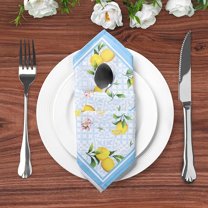 Summer Lemon Napkins, 18×18 Inch Floral Dinner Cloth Napkins Set of 6, Washable Cotton Soft Absorbent Square Napkins for Dining Kitchen Party Wedding Decoration