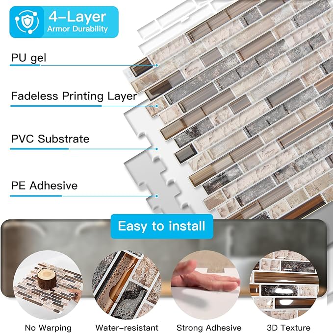 Art3d 10-Sheet Heavy-Duty Peel and Stick Backsplash, Waterproof Wall Tiles Stick on Kitchen Backsplash Living Space, Sandstone