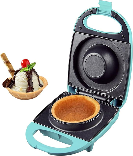 OVENTE Electric Waffle Bowl Maker for Breakfast with Non-Stick Coating, 520W Power, Indicator Light and Cool Touch Handle, Perfect for Homemade Ice Cream Cups & Delicious Desserts, Turquoise WMB2405BL