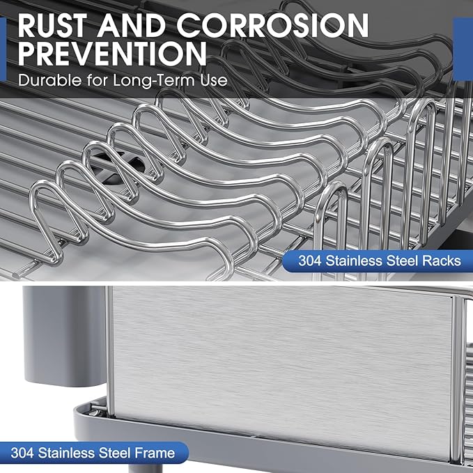 Stainless Steel Dish Drying Rack - Grade Large Capacity Kitchen Counter Organizer with Drain Board, Utensil Holder & Detachable Cup Shelf, 304 Surgical-Grade Rust-Proof Dish Drainer, Easy Assembly