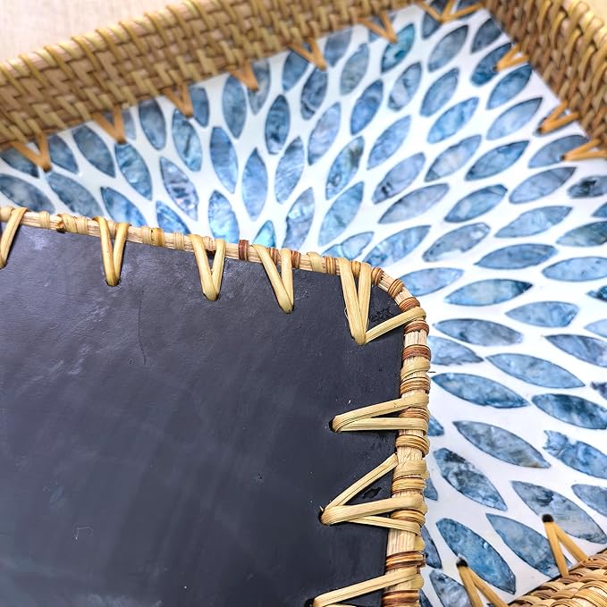 Boho Decorative Serving Trays Set of 2, Wicker Rectangle Trays with Mother of Pearl Inlay for Counter Top, Coffee Table Decor, Farmhouse Vanity Tray and Home Organization