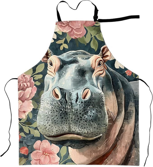 Hippo Apron Surrounded by Soft Pink Flowers Aprons Waterproof Oxford Polyester Adjustable Pockets Design for Cooking, Crafting, Garden Decor, Gifts for Adults, 28x33 Inch