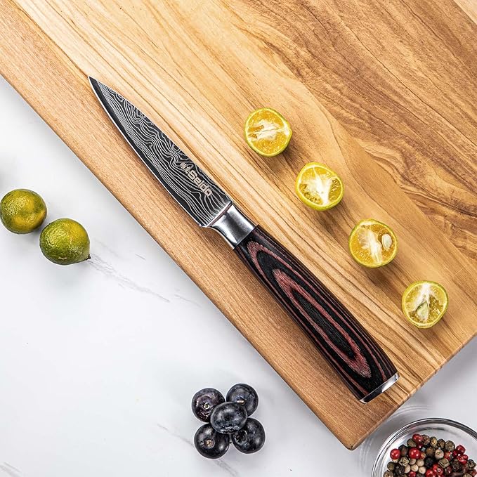 Seido Knives 5-Piece Damascus Master Chef Knife Set - Includes Gyuto, Santoku, Nakiri, Paring Knives - High-Carbon Stainless Steel Kitchen Knives