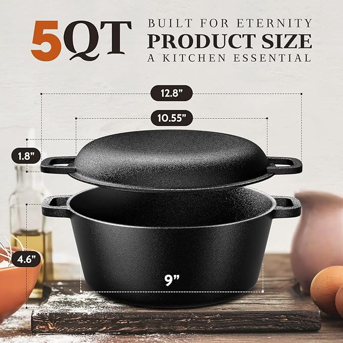Slow Slog Cast Iron Dutch Oven for Bread Baking, 5QT Cast Iron Bread Pan with Lid, Sourdough Baking Supplies Tools like Banneton Proofing Basket, Bread Dutch Oven