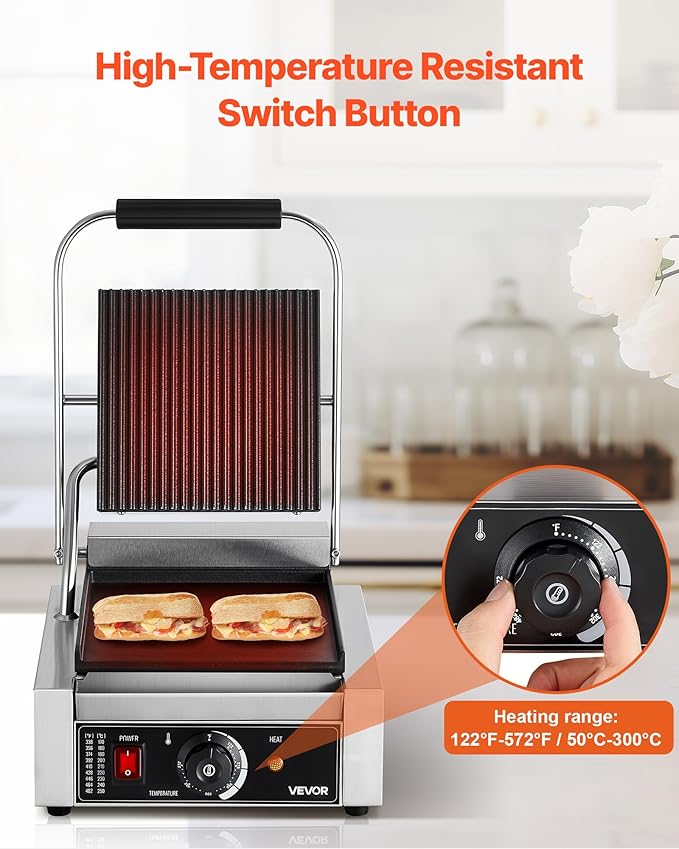 VEVOR Commercial Panini Grill, 1800W Electric Sandwich Panini Maker, Stainless Steel Sandwichs Press Grill with Handle and Temp Control, 8.8x9 in Flat Enamel Plate, for Hamburger Steak Bacon