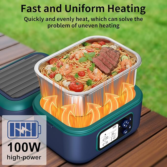 Cordless Electric Heated Lunch Box, 1.5L 6.3Cups 24000mAh Rechargeable Battery Self-Heating Lunch Box, Smart Timer, Even Heating, 100W Portable Food Warmer for Office, Picnic, Car, Outdoor