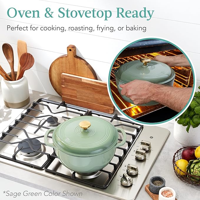 Best Choice Products 7.5 Quart Enamel Cast-Iron Round Dutch Oven, Family Style Heavy-Duty Pre-Seasoned Cookware for Home, Kitchen, Dining Room, Oven Safe w/Lid, Dual Handles - Mushroom Beige