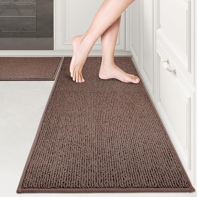 PURRUGS Machine Washable Kitchen Rug Set [2 PCS] (17" x 30"+ 17" x 48"), Non-Slip/Skid Kitchen Runner Rugs & Floor Mats, Super Absorbent Soft Area Rugs for Sink, Kitchen & Laundry, Brown