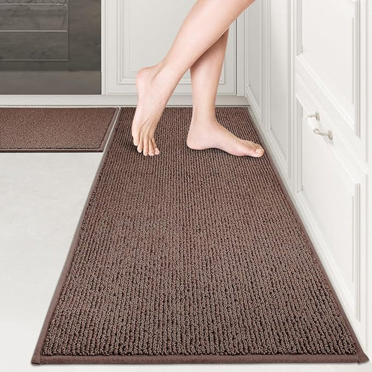 PURRUGS Machine Washable Kitchen Rug Set [2 PCS] (17" x 30"+ 17" x 48"), Non-Slip/Skid Kitchen Runner Rugs & Floor Mats, Super Absorbent Soft Area Rugs for Sink, Kitchen & Laundry, Brown