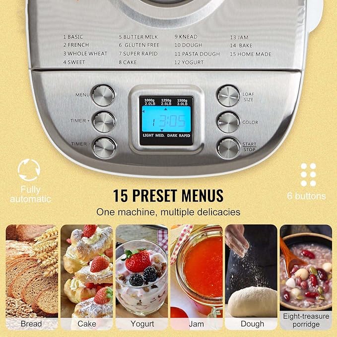 Bread Maker 3LB, 15-in-1 Dough Machine, Gluten-Free Breadmaker, Whole Wheat Programmable Bread Machine, Nonstick Ceramic, 3 Loaf Sizes & Colors