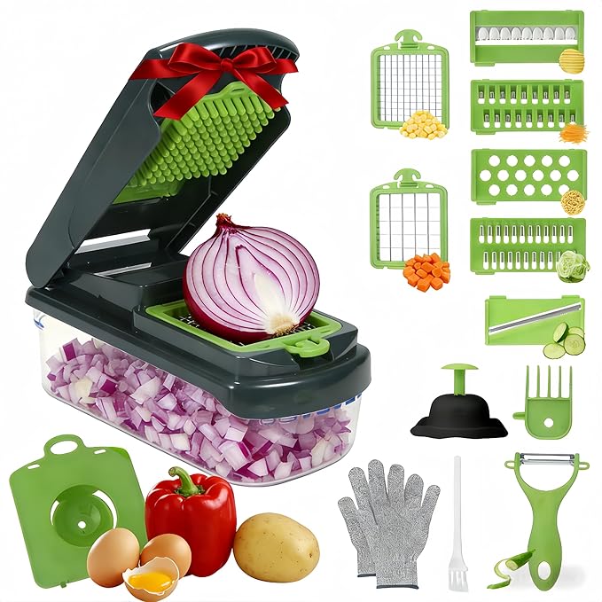 Multifunctional Mandoline Slicer with 7 Blades, Vegetable Chopper Food Cutter with Container, Onion Dicer Potato Grater Salad Prep Tool, Stainless Steel Kitchen Gadgets for Veggie Fruit (Grey)
