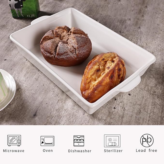 GDCZ Ceramic Baking Dish with Handles,Lasagna Pan Deep Large Serving Bakeware fo Cooking. Freezer Safe (White)