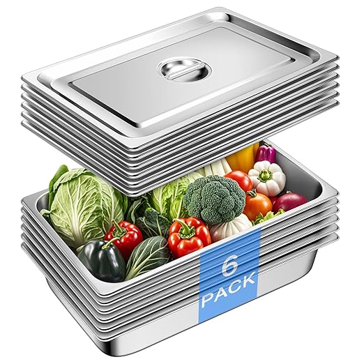 Full Size Hotel Pan With Lids 4 Inch Deep Stainless Steel Chafing Dishes for Buffet, Steam Table Pan, Metal Commercial Food Pans for Food Prep/Catering/Food Serving (6 Pack, Full Size 1/1 x 4" Deep)
