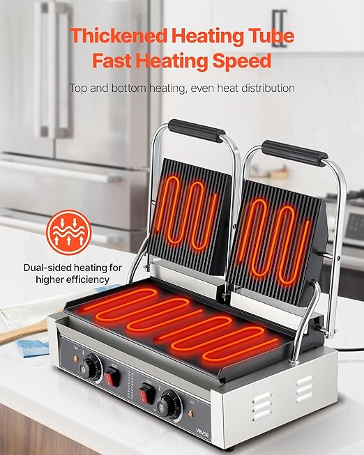 VEVOR Commercial Panini Grill, 3600W Electric Sandwich Panini Maker, Stainless Steel Double Sandwichs Press Grill with Handle and Temp Control, 19x9 in Flat Enamel Plate for Hamburger Steak Bacon