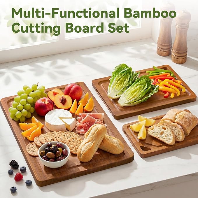 Bamboo Cutting Boards for Kitchen, Wood Cutting Boards with Deep Juice Grooves, 3-Pack Bamboo Cutting Board Set with Holder, Chopping Board & Charcuterie Board for Meal Prep & Serving