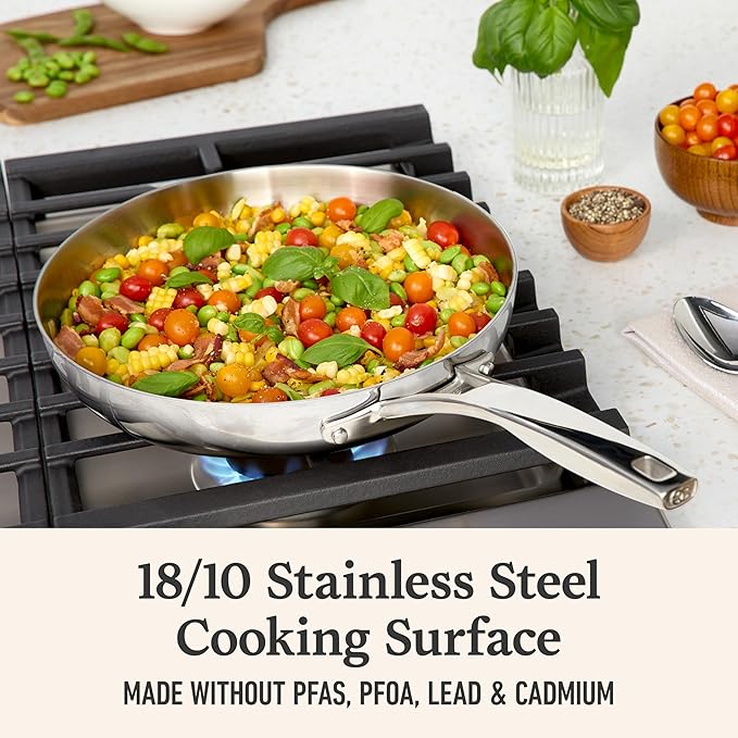 Calphalon Premier Polished 5-Ply Stainless Steel Cookware w/Turbo Heat Tech 10" Fry Pan, Induction, Oven Safe 500F, Silver