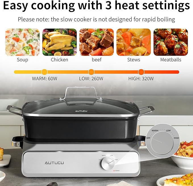 AUTUCU Slow Cooker 10-Quart - PFOA-Free Ceramic Coating, Oven Safe to 450°F | Keep Warm Function for Large Family Gatherings (Includes Silicone Spoon)