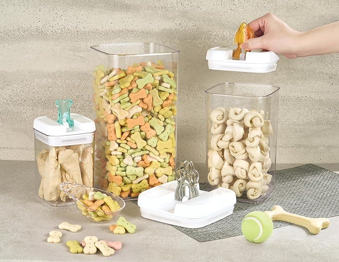 Felli Flip Tite Pet Food Container with Airtight Lids, BPA FREE Acrylic Canister with Paw Bone Fish Flip Top Handles for Cat Dog Kibble Treats Storage, Keep Fresh (Pet Collection Nest-L 3pk)