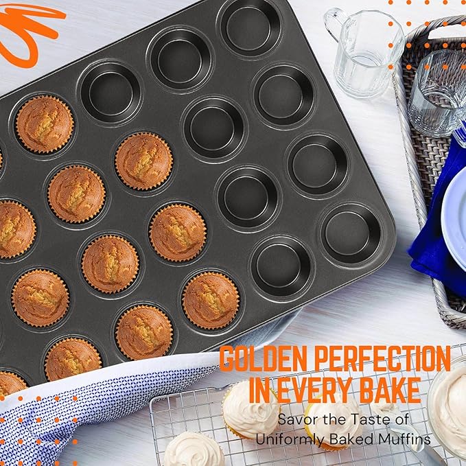 Flexzion Muffin Tray Cupcake Baking Pan 2 Pack, 24-Cup Nonstick Carbon Steel Muffin Tins Non-Stick Cupcake Tin Bakeware Accessories for Baking Cupcakes Muffin Brownies Snacks, Easy Clean, Fridge Safe