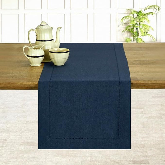 D'Moksha Homes Linen Navy Blue Table Runner 144 Inches Long - 100% Pure Linen Extra Long Table Runner 14 x 144 Inch for Easter - Classic Hemstitch