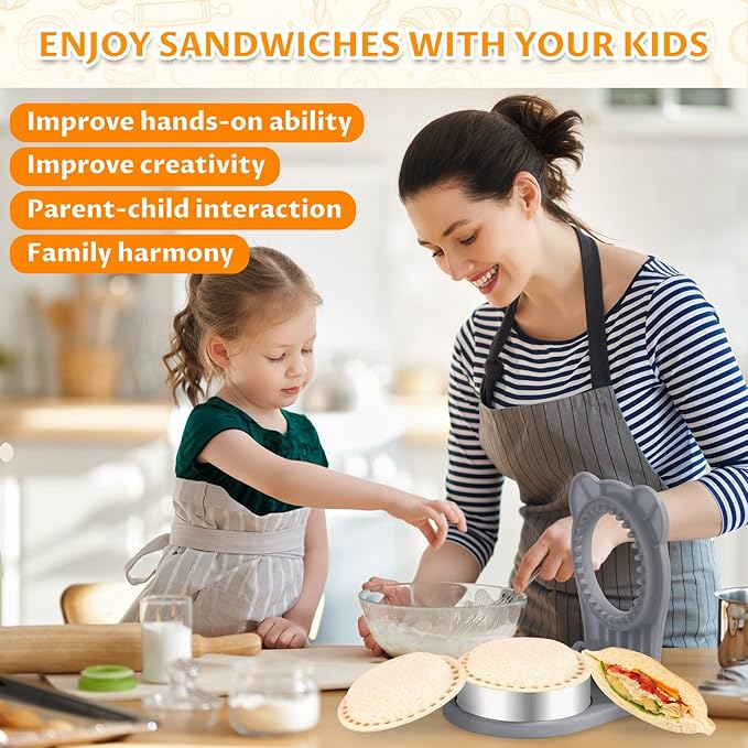 Uncrustable Sandwich Maker,Sandwiches Pocket Circle Shape 3.7Inch Sandwich Cutter and Sealer,Sandwich Cutter for Kids Breakfast and lunchboxes (grey)