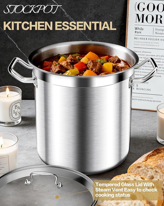 STOCKPOT Stainless Steel Stock Pot with Lid – 24 Quart (6 Gallon) Heavy-Duty Cooking Pot for Soup, Stew, Pasta – Commercial & Home Use, Easy to Clean