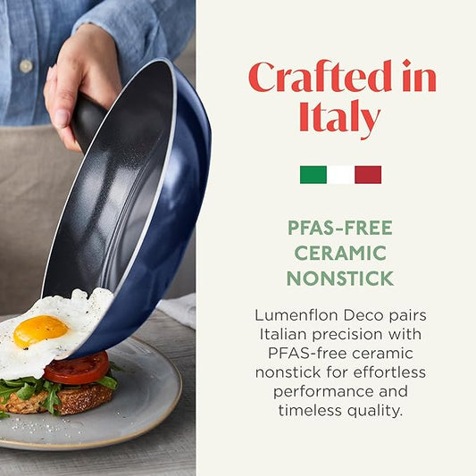 Lumenflon Deco 11” Nonstick Frying Pan Skillet, Made in Italy, Diamond Ceramic PFAS-Free, Dishwasher & Metal Utensil Safe, Durable Gloss Enamel Finish, Stay-Cool Handle, High Walls-Extra Room, Blue