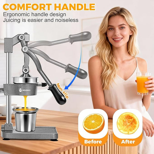 Cast-Iron Hand Press Citrus Juicer, Heavy-Duty Fruit Squeezer with Stainless Steel Cup, Easy-to-Clean Manual Citrus Press for Orange, Lemon, Lime, Grapefruit & Pomegranate (Silver)