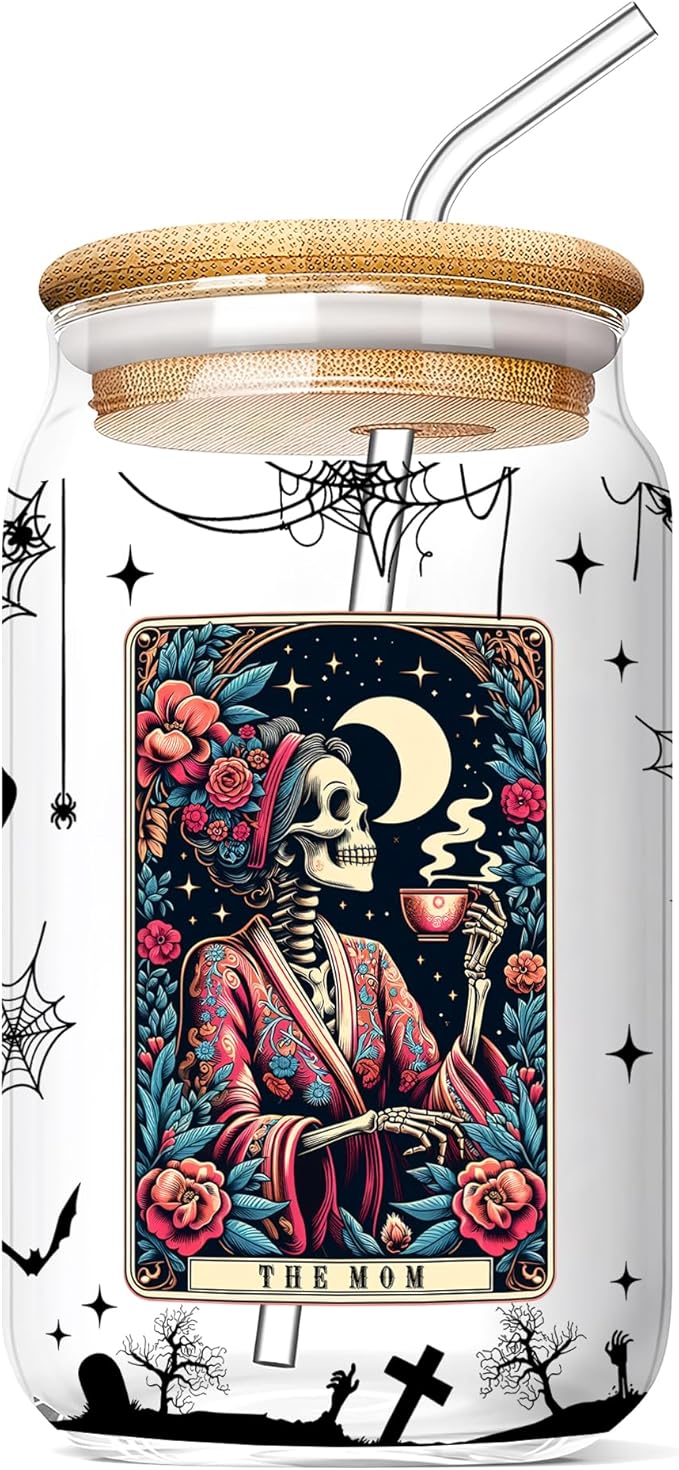 Funny Skeleton Mom 16 Oz Iced Coffee Cups Tarot Card Halloween Glass with Lids and Straws Spooky Skull Drinking Glasses Mommy Witchy Mugs Gothic Christmas Gifts for Women Mama Aunt Coworkers
