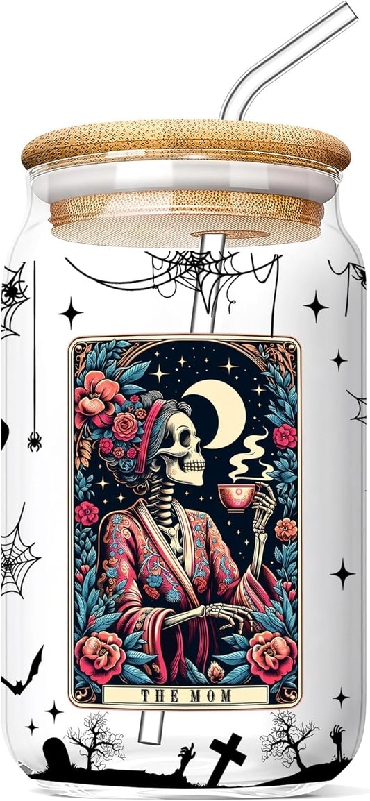 Funny Skeleton Mom 16 Oz Iced Coffee Cups Tarot Card Halloween Glass with Lids and Straws Spooky Skull Drinking Glasses Mommy Witchy Mugs Gothic Christmas Gifts for Women Mama Aunt Coworkers