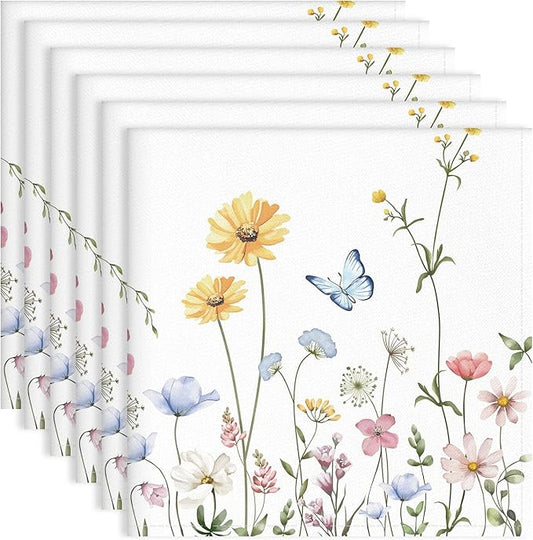 Floral Butterfly Napkins, 18×18 Inch French Country Dinner Cloth Napkins Set of 6, Washable Cotton Soft Absorbent Square Napkins for Dining Kitchen Party Wedding Decoration