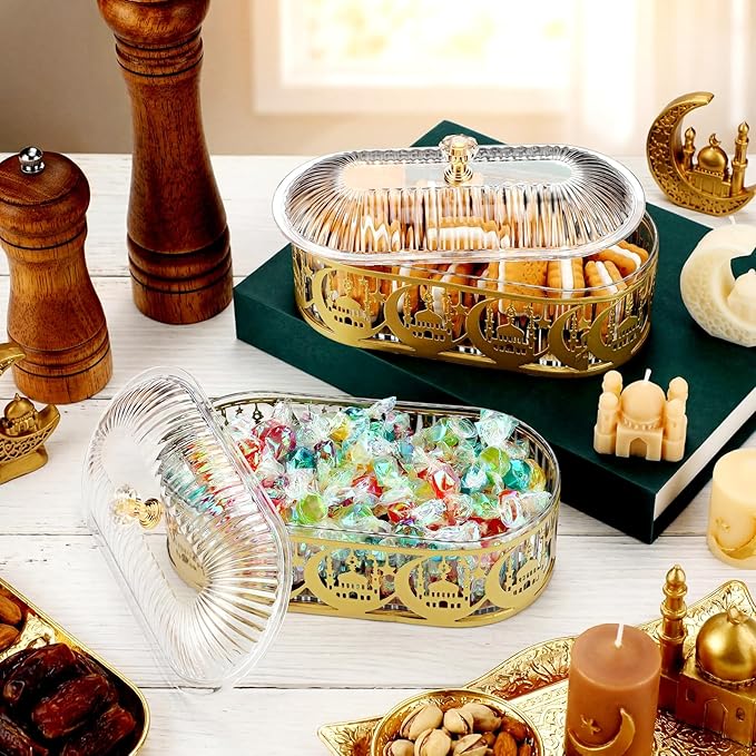 2 Pcs Ramadan Trays with Lid Eid Mubarak Gold Plates Dishes Table Decoration Muslim Islamic Serving Trays Metal Dessert Storage Container for Celebration (Ramadan Moon)