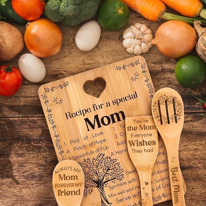 Gifts for Mom - "Recipe for a Special Mom" Mom Birthday Gifts Cutting Board Set, Bamboo-Made Engraved Utensil Set, Birthday Gifts for Mom from Daughter/Son