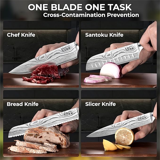 Kitchen Knife Set Professional Chef Knives, 8-Piece Stainless Steel Knife Set with Santoku, Nakiri, Bread, Paring, Boning Knives & Pakkawood Handle