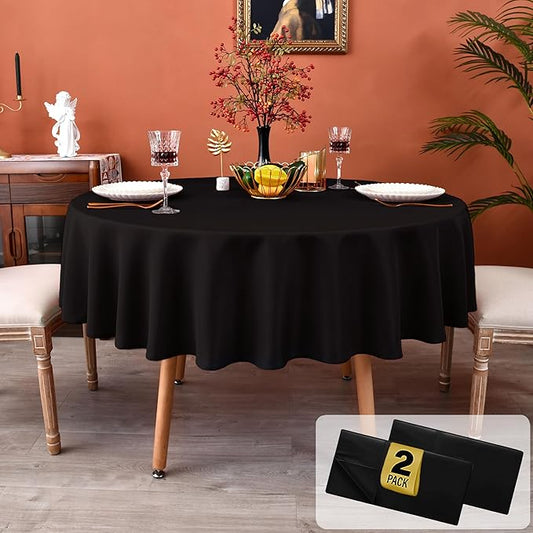 MEANMOY 2 Pack Black 210 GSM Water & Stain Resistant Round Tablecloth - Solid 60 Inch Circle Table Cloth Cover in Wrinkle Free Washable Wipe Clean Polyester for Wedding, Party, Banquet (2 Pcs)