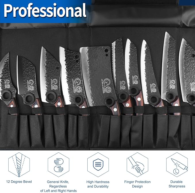 XYJ Professional Kitchen Knife Set with High-Carbon Steel Forged Blades, Chef's Knife, Cleaver, Carving Knife, Nakiri, Full Tang Design, Includes Carrying Bag & Poultry Scissors