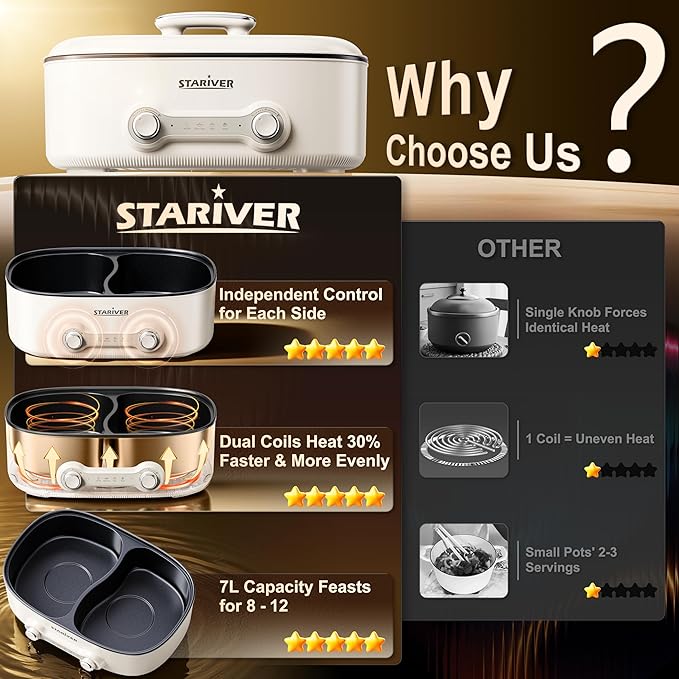 Stariver 7L Electric Hot Pot with Divider, 1200W Electric Pot, 2-Temp Control (Separate Settings per Side) Shabu Shabu Pot, Non-Stick Hotpot Pot Electric, Perfect for Family Dinners & Parties