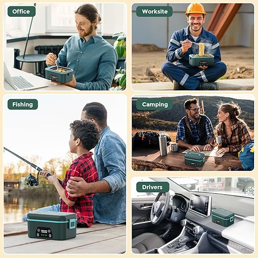 Cordless Heated Lunch Box, Smart Timer Automatic Heating Food Warmer for Adults, 5.5-Cup Portable Electric Lunch Container with Handheld Insulated Bag
